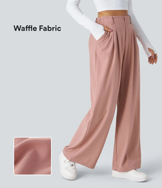 Zelora™ Hoge Taille Wijde Werkbroek met Zakken van Waffle Stof